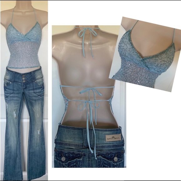 Y2K Beaded Sequin Backless Halter Top iuu.org.tr